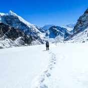Mountainous landscape along the trail leading towards Everest Base Camp with rugged peaks under a clear sky; best trekking trips in nepal