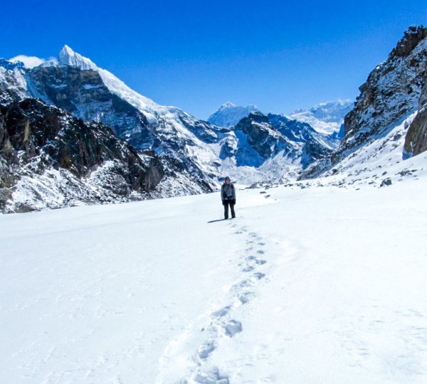 Mountainous landscape along the trail leading towards Everest Base Camp with rugged peaks under a clear sky; best trekking trips in nepal