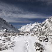 Snow-capped mountain towering on the Mountain Trail.