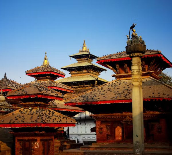 Ancient temples at Kathmandu Durbar Square, showcasing traditional Newari architecture in Nepal.