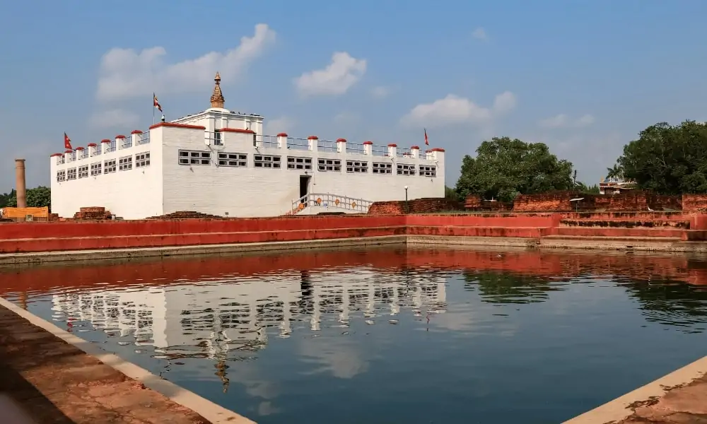 Peaceful view of Lumbini with the Maya Devi Temple and surrounding gardens, marking the birthplace of Lord Buddha in Nepal.